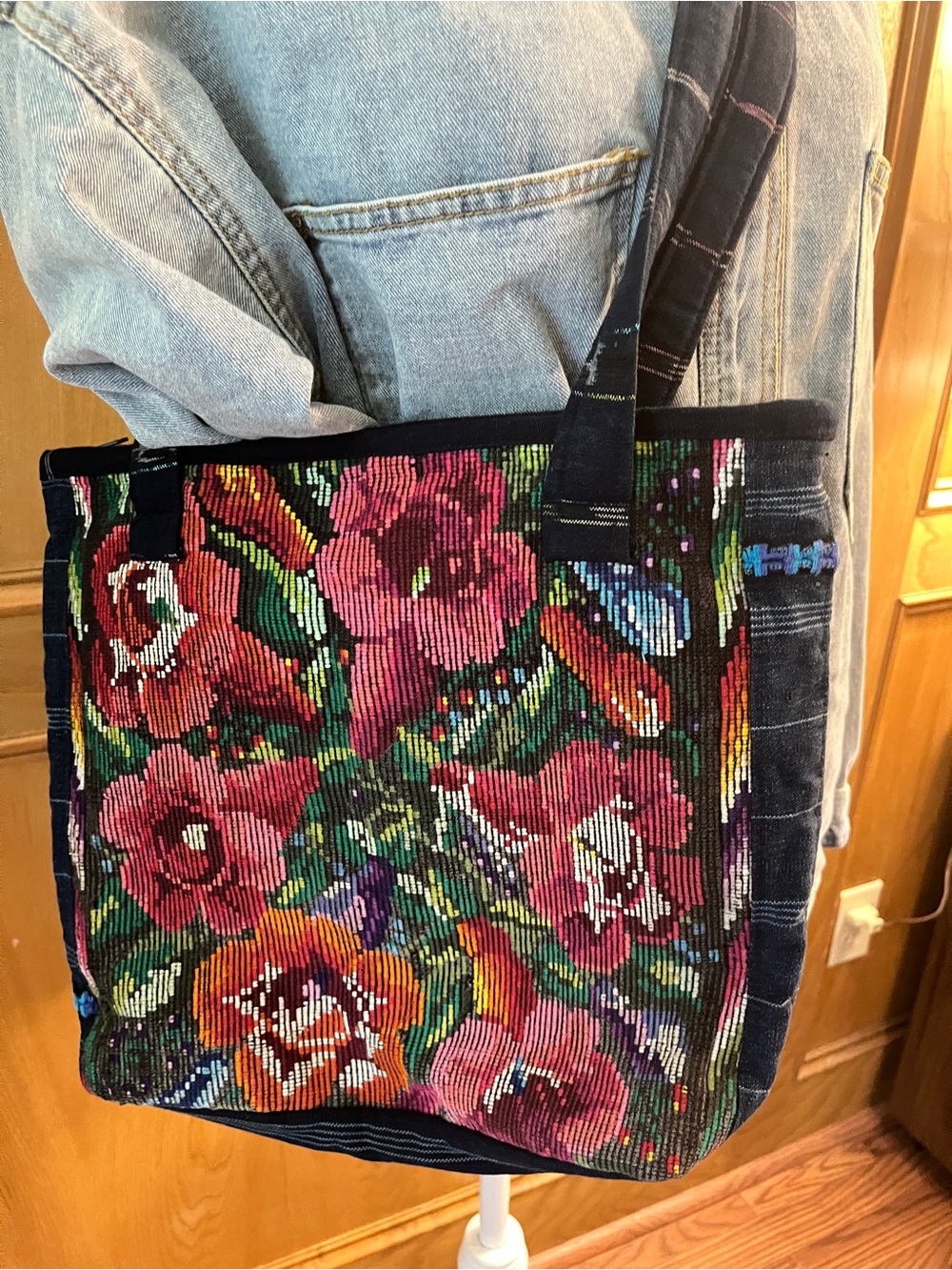 Guatamalen Handmade Floral Huipil Shoulder Bag – Navy with Floral Tapestry